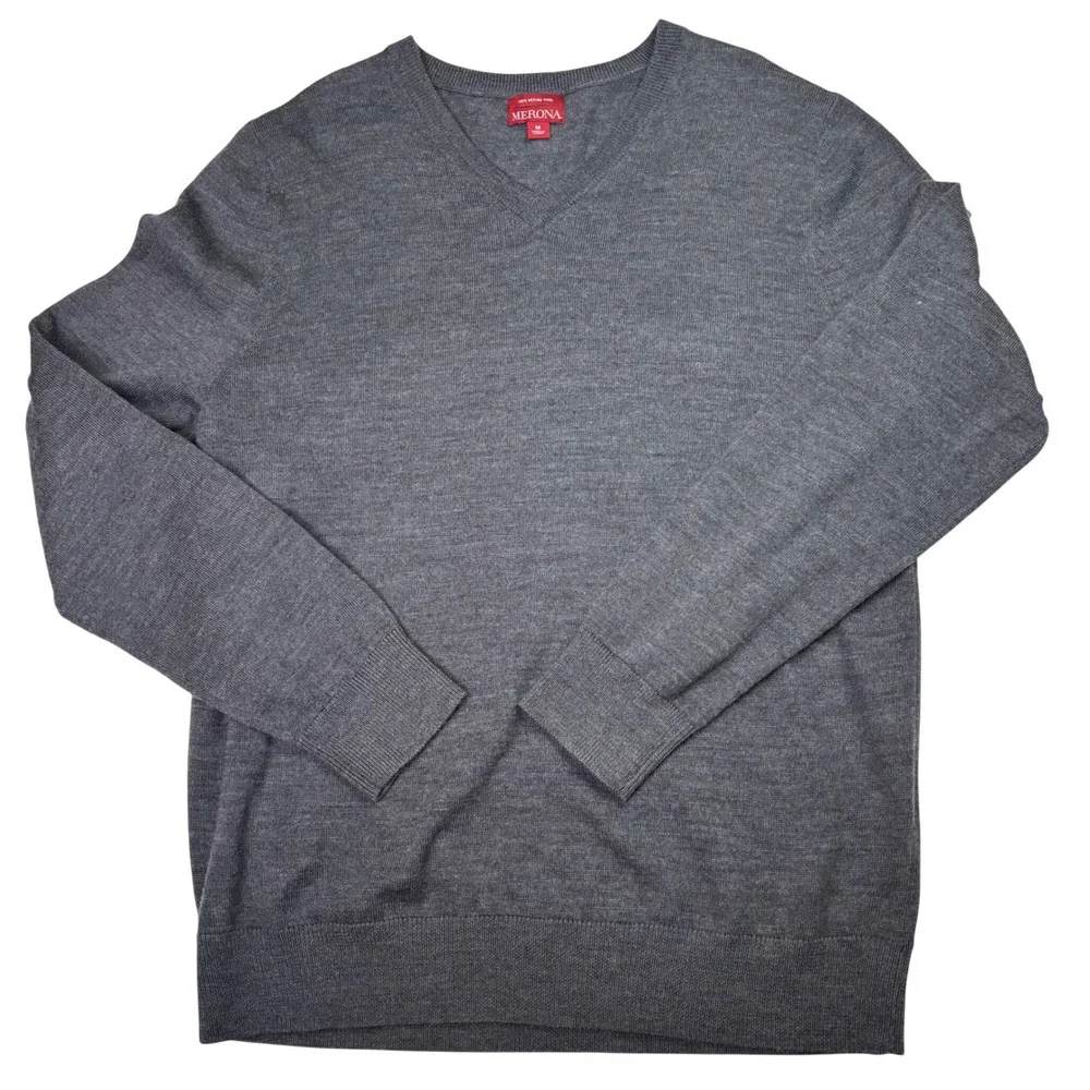 Vintage Merona Mens V Neck Sweater Medium Gray 100% Merino Wool‎  Classic Preppy